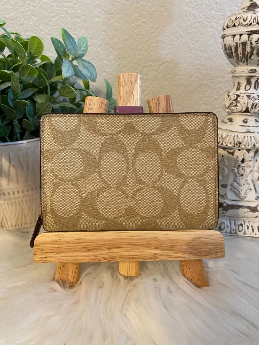 Coach Signature Canvas Small Wallet in Khaki with Purple Tab